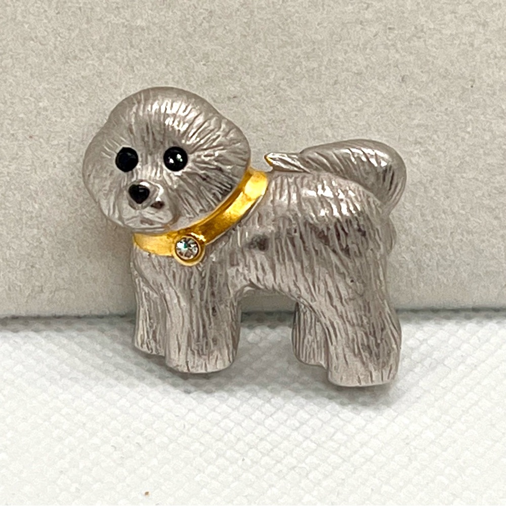 Vintage Dog Poppy Brooch Pin Silver Tone Rhinestone Eyes With Gold Collar‎
